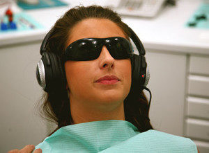 dental patient using room darkening eye covers Nucalm