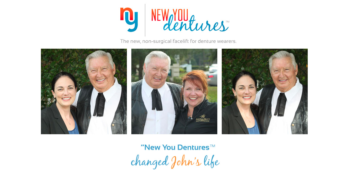 pictures of a male New You Dentures patient with Angela Britt and other employee